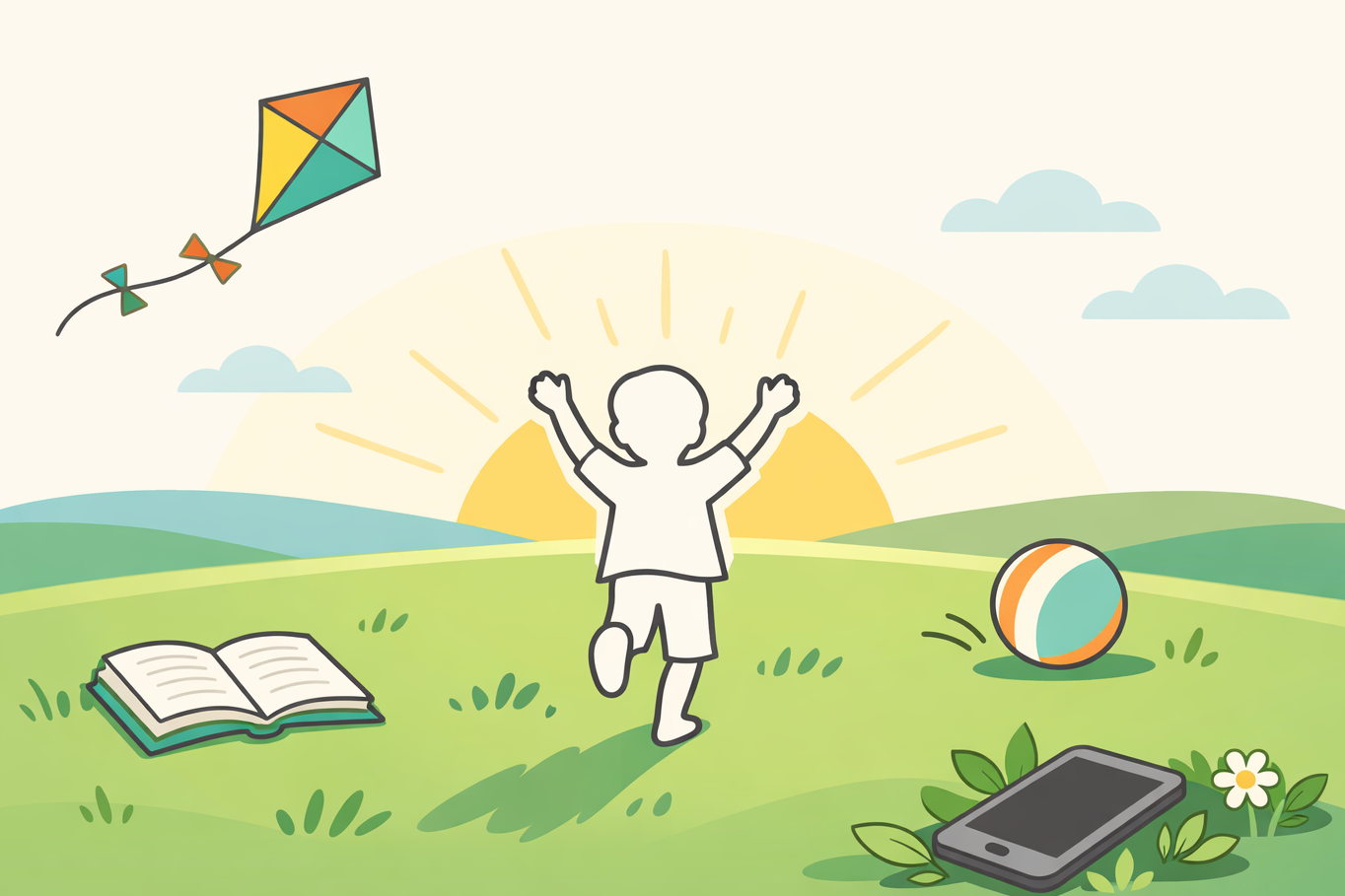 Dziecko biegnie w stronę słońca, smartfon porzucony w trawie